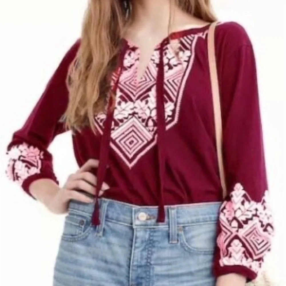 J. Crew Boho Embroidered Tie-Neck Top Burgundy Relaxing Bohemian Blouse Size XS